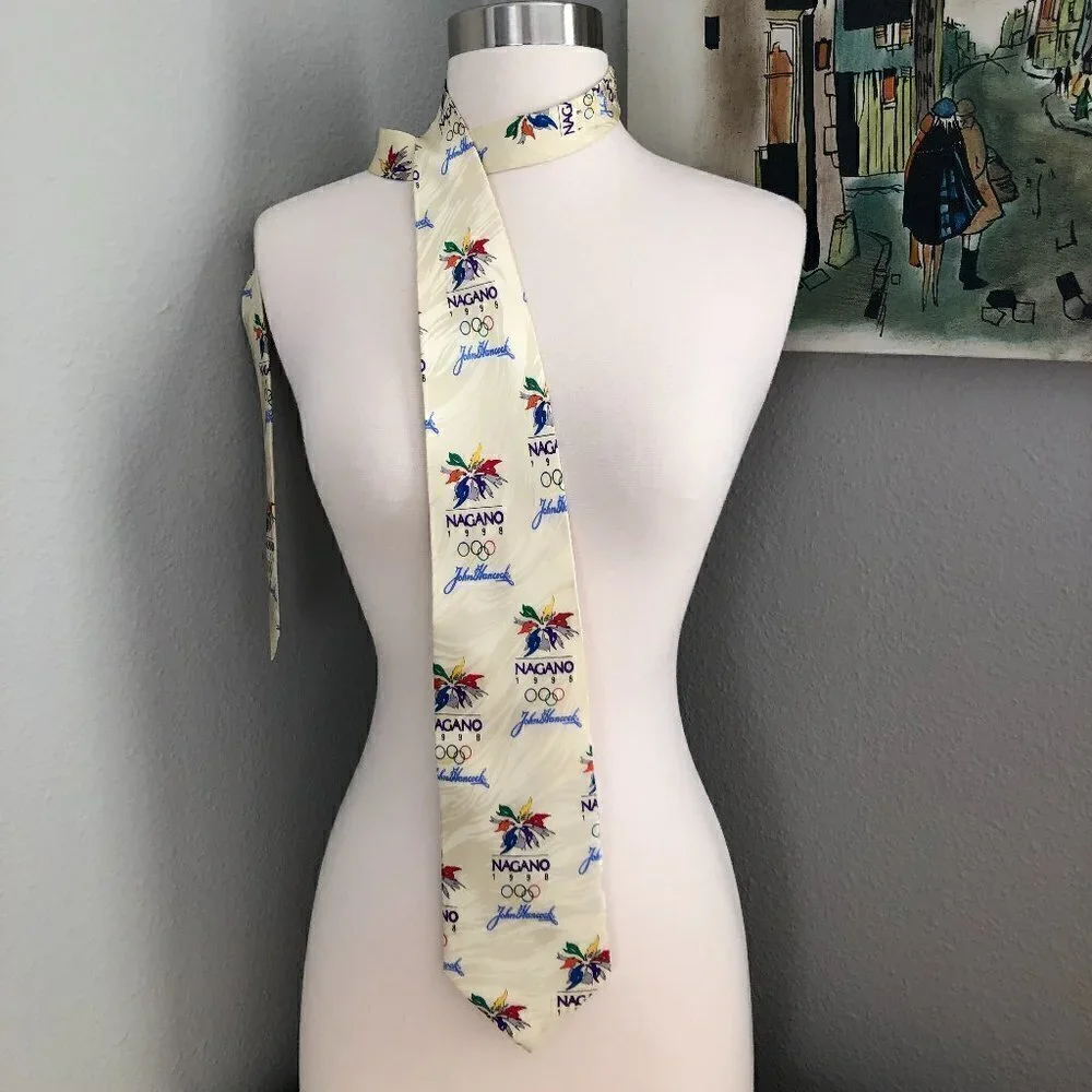 Vintage Nagano 1998 Olympics John Hancock Men's Silk Necktie Ivory Red Blue Tie